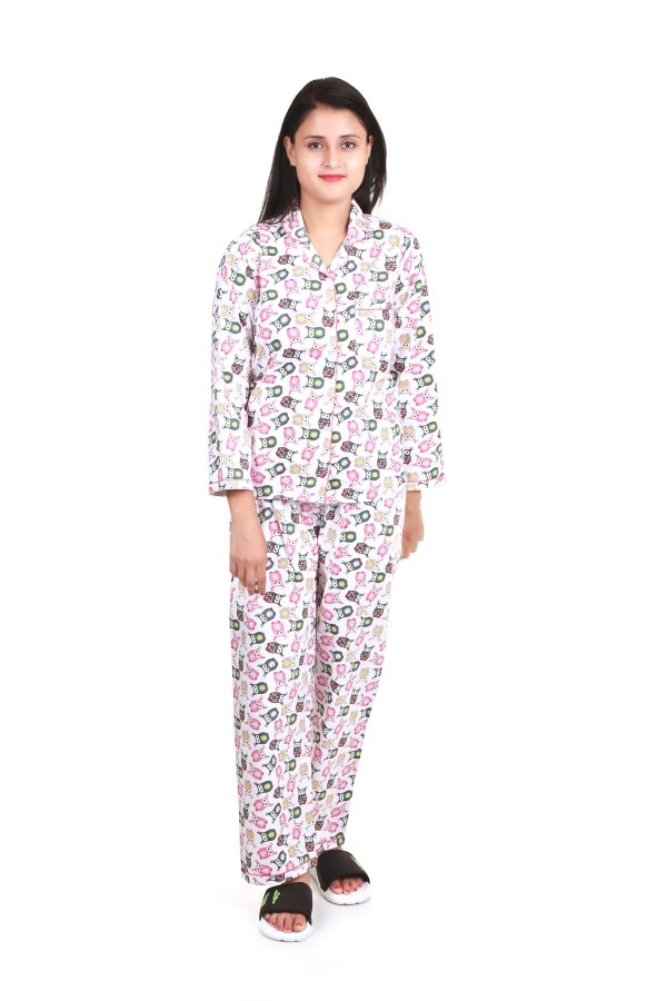 Owl Print Long Sleeves Night Suit For Women's