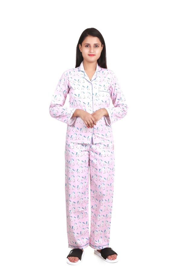 Pink Unicorn Print Long Sleeves Night Suit For Women's