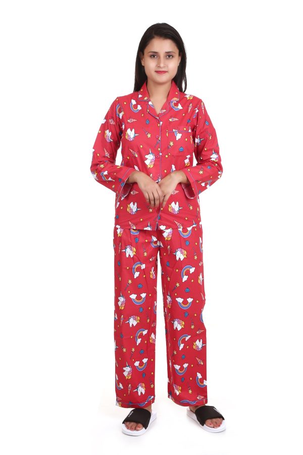 Red Unicorn Print Long Sleeves Night Suit For Women's