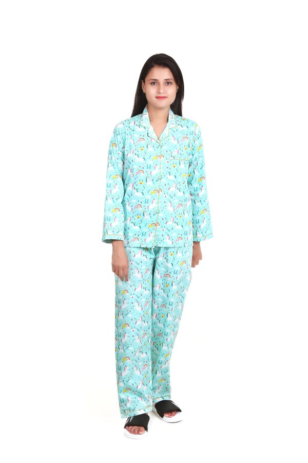 Blue Unicorn Print Long Sleeves Night Suit For Women's