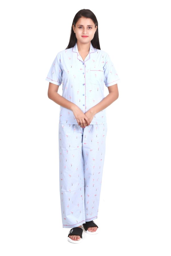 Blue Flamingo Print Short Sleeves Night Suit For Women's