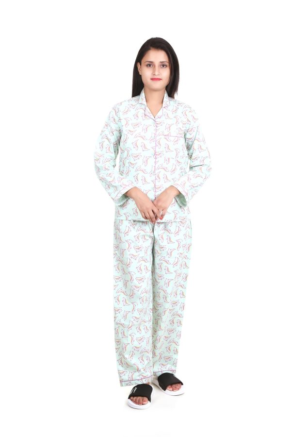 Dinosaur Print Long Sleeves Night Suit For Women's