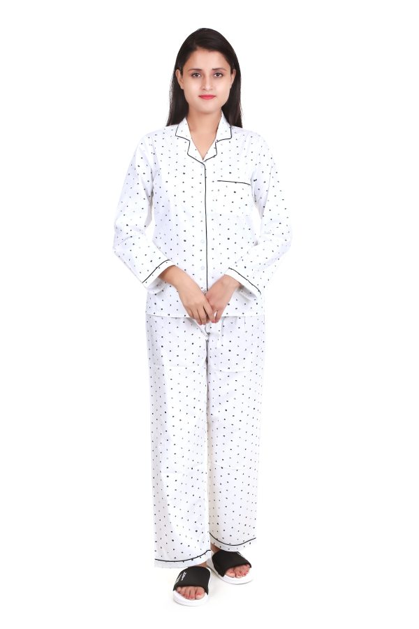 Black And White Dot Print Long Sleeves Night Suit For Women's