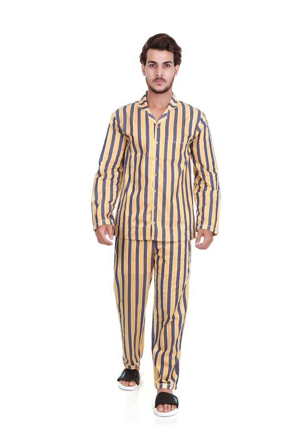 Yellow Strip Long Sleeves Night Suit For Men's