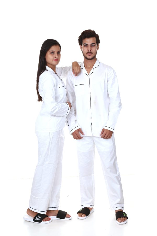 White Color Long Sleeves Cotton Satin Night Suit Combo