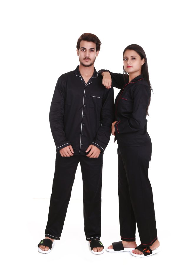 Black Color Long Sleeves Cotton Satin Night Suit Combo