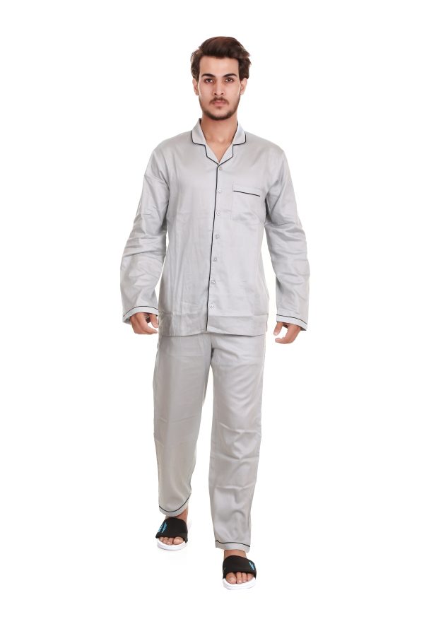 Lite Grey Long Sleeves Cotton Satin Night Suit For Men's