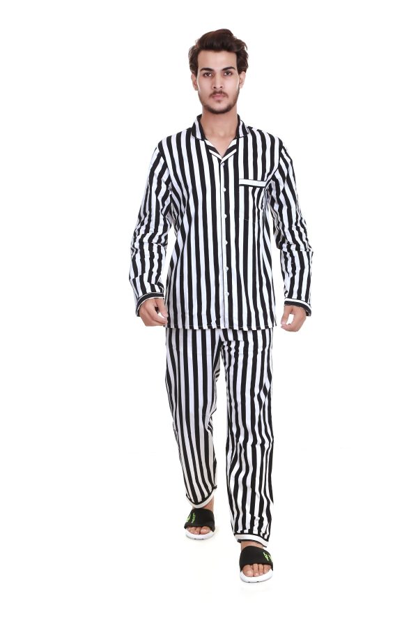 Black And White Stripe Long Sleeves Night Suit For Men's