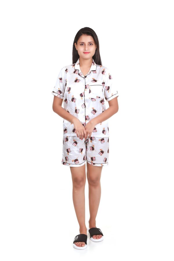 White Nutella Print Satin Short Set