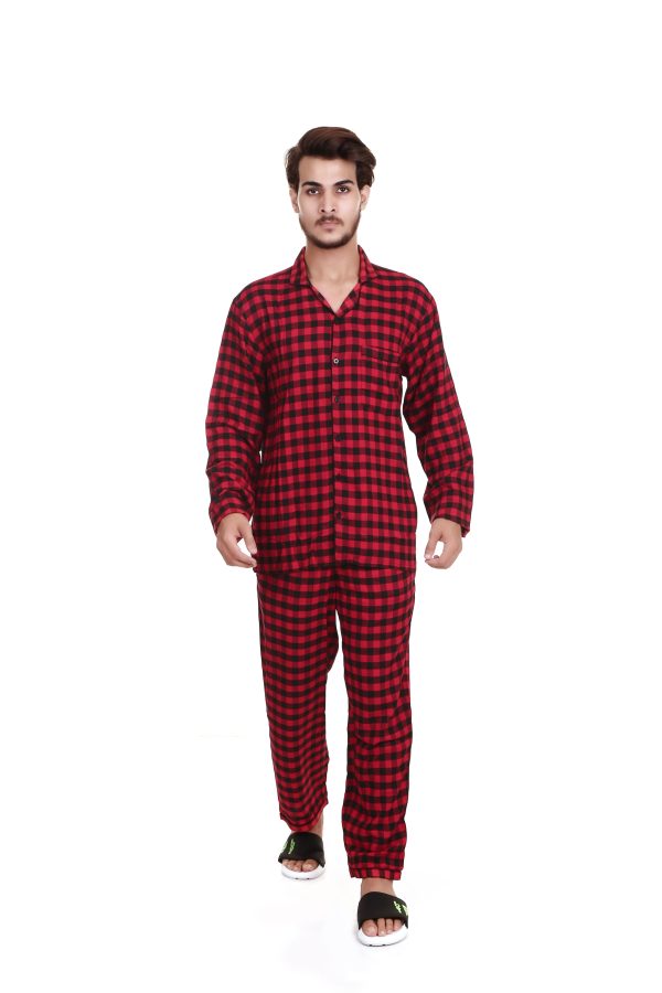 Red Check Long Sleeves Night Suit For Men's