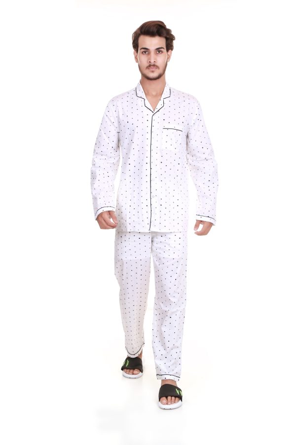 Black Dot Print Long Sleeves Night Suit For Men's
