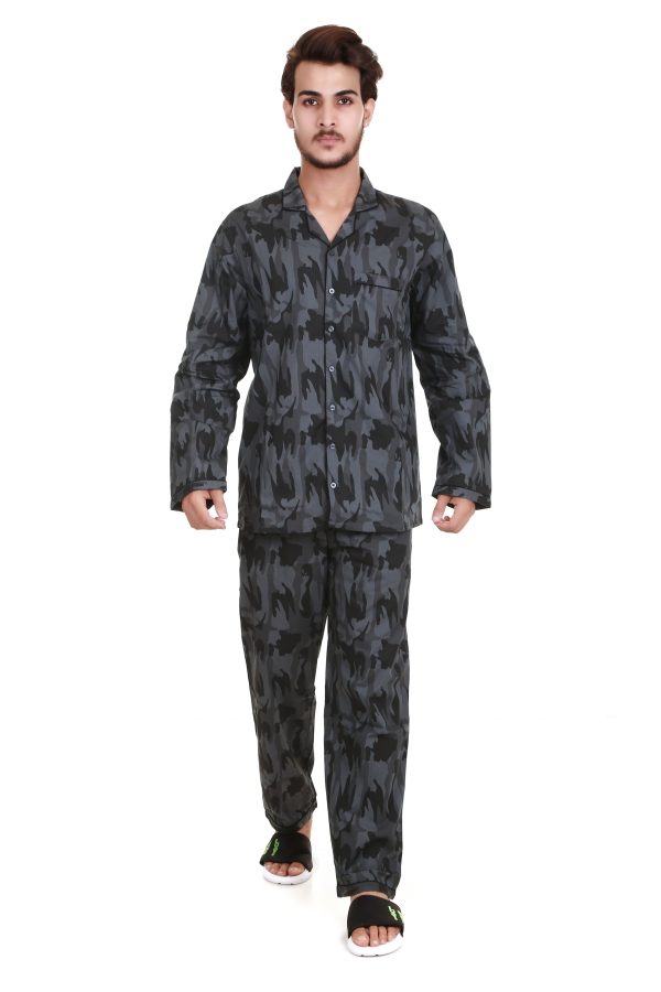 Dark Grey Armored Print Long Sleeves Night Suit For Men's