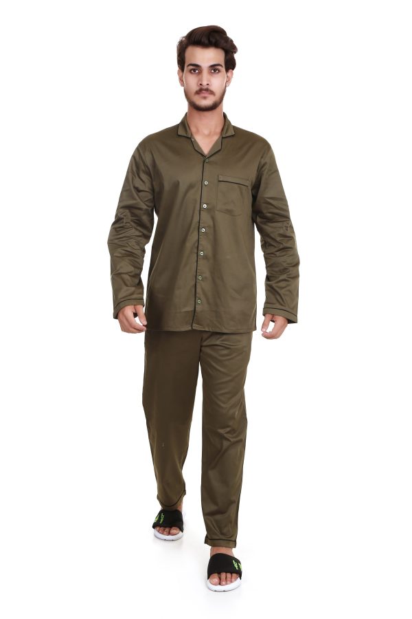 Spice Brown Print Long Sleeves Cotton Satin Night Suit For Men's