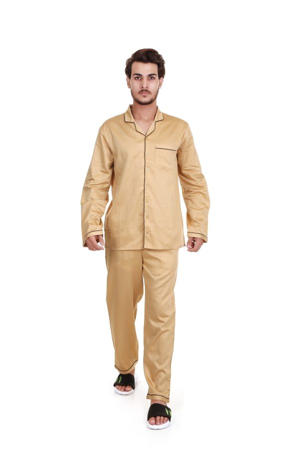 Glaze Brown Print Long Sleeves Cotton Satin Night Suit For Men's