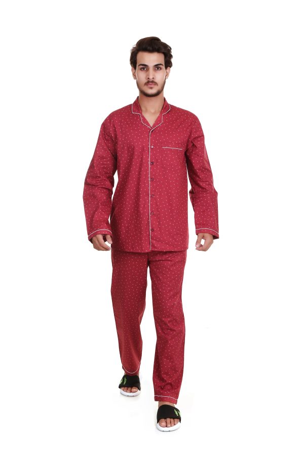 Maroon Small Anchor Long Sleeves Night Suit For Men's