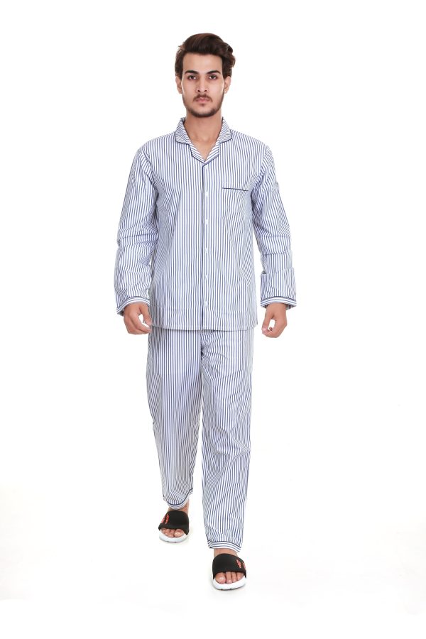 Blue Strip Long Sleeves Night Suit For Men's