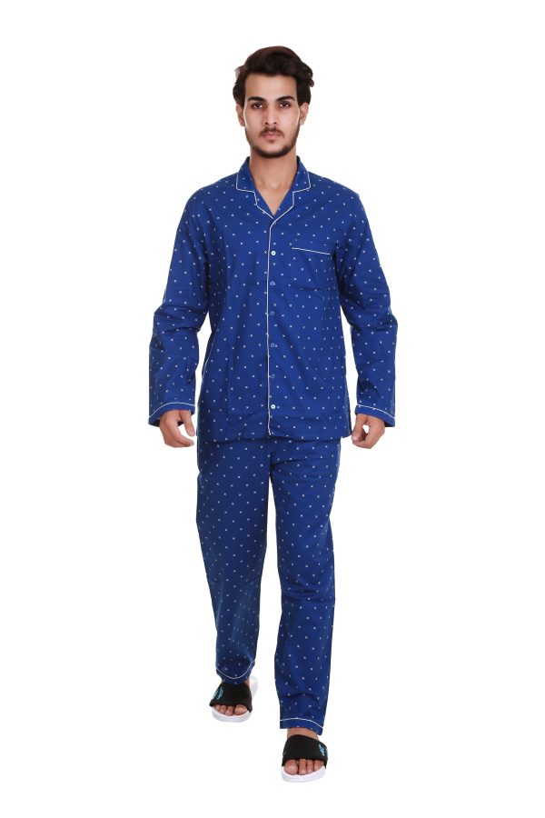 Blue Small Anchor Print Long Sleeves Night Suit For Men's