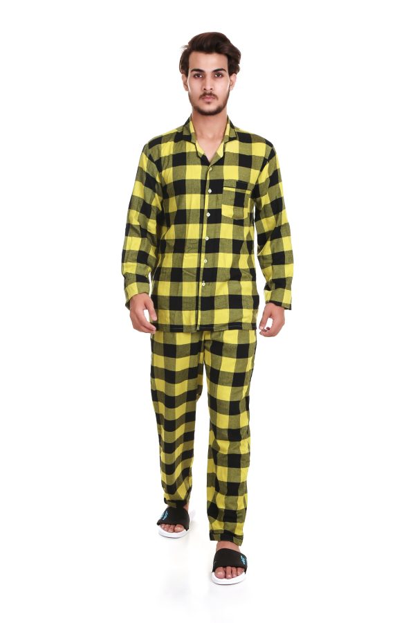 Lime Green Check Long Sleeves Night Suit For Men's