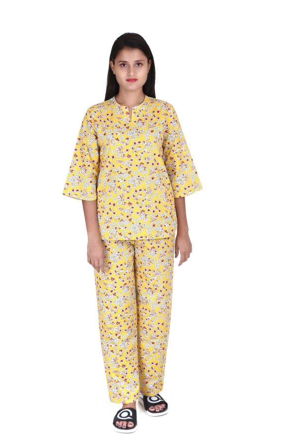 Yellow Flower V Neck Night Suit For Women