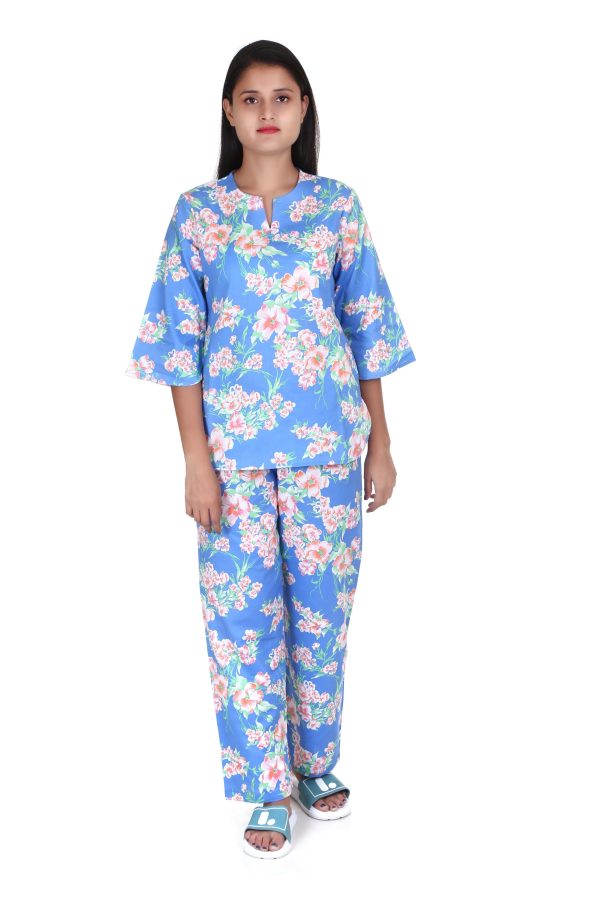 Flower V Neck Print Full Sleeve Night Suit For Women