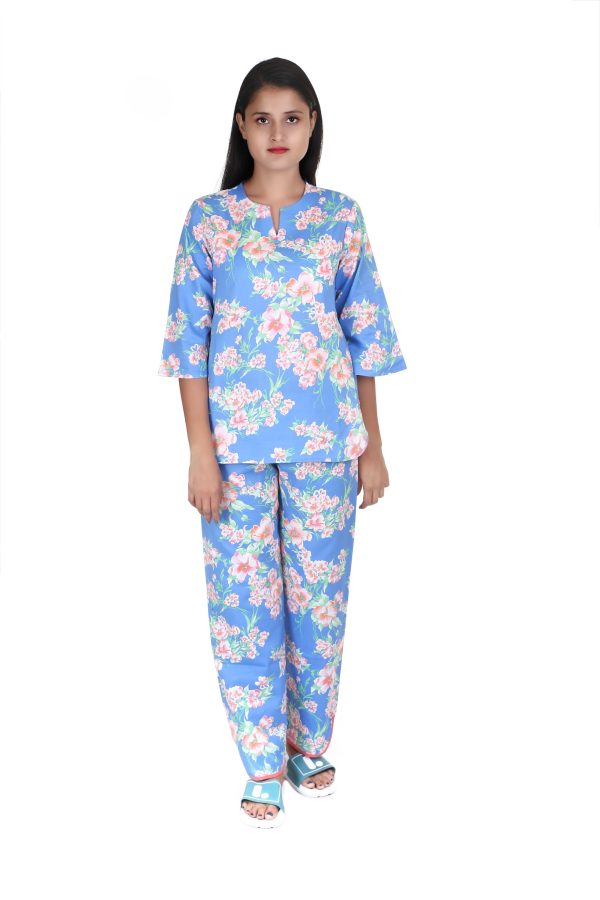 Flower Print V Neck And V Cut Pajama Night Suit For Women's