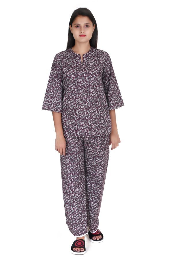 Flower Print V Neck And V Cut Pajama Night Suit For Women's