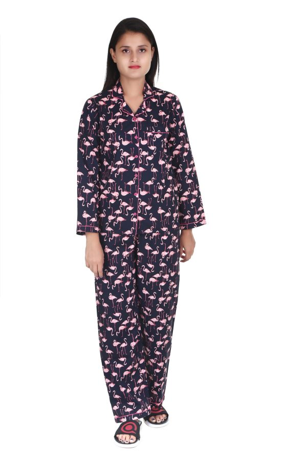 Big Flamingo Print Full Sleeve Night Suit For Women