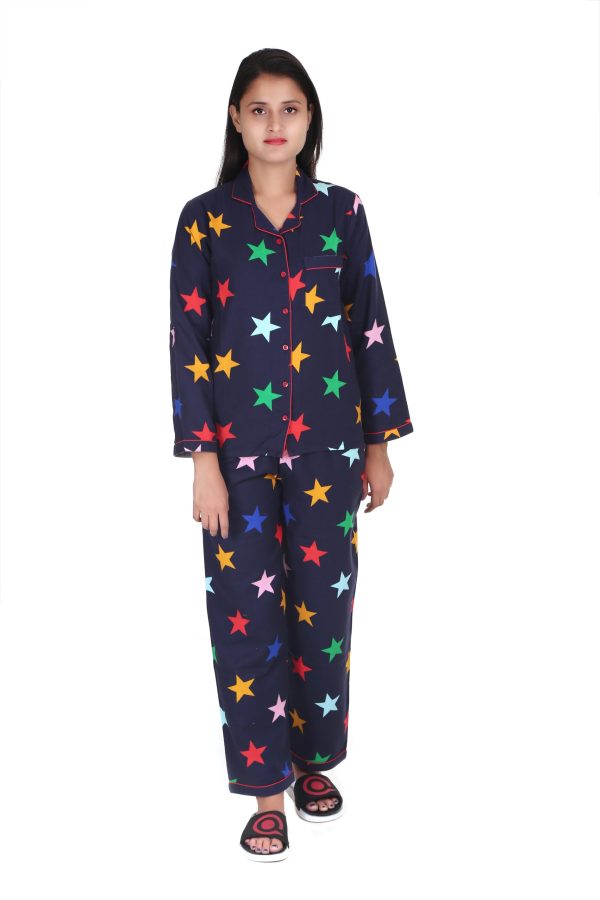 Star Print Full Sleeve Cotton Flannel Night Suit For Women