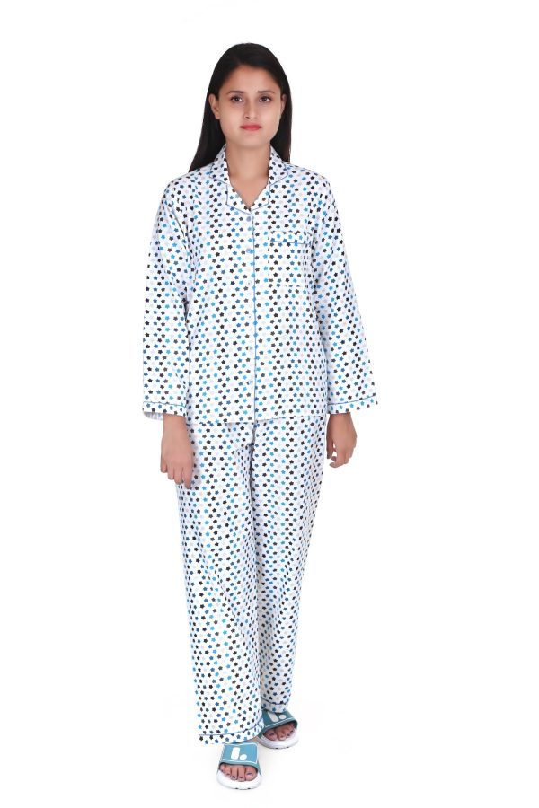 White Star Print Full Sleeve Night Suit For Women