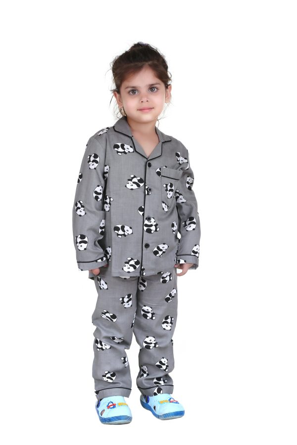 Grey Panda Print Full Sleeves Night Suit for kids