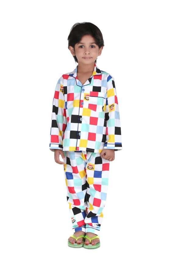 Colured Square Print Full Sleeves Night Suit for Kids