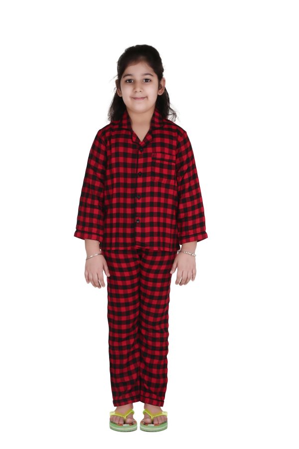 Red Check Print Full Sleeves Night Suit for Kids