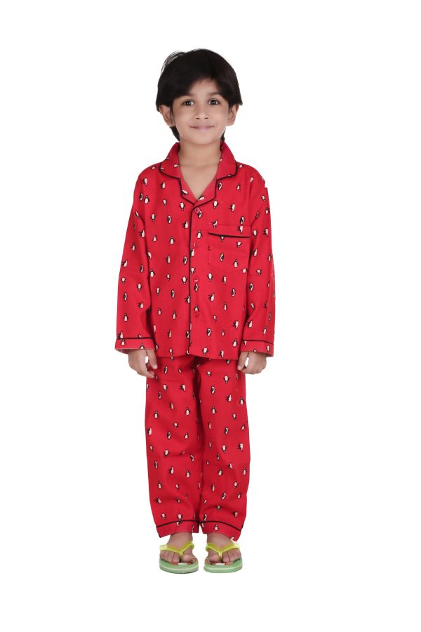 Red Penguin Print Full Sleeves Night Suit for Kids