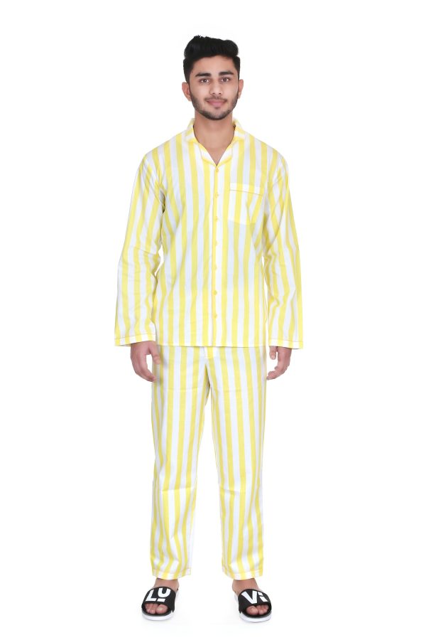 Yellow Strip Print Full Sleeves Night Suit for Men's