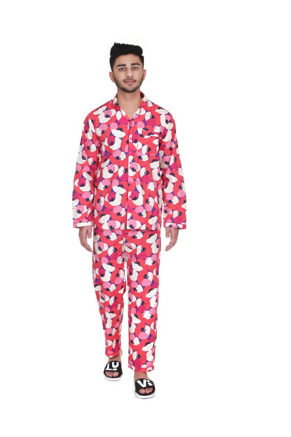 Red Pelton Print Full Sleeves Night Suit for Men's