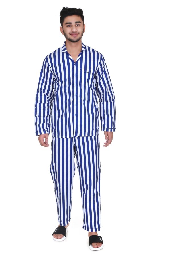 Blue Strip Print Full Sleeves Night Suit for Men's