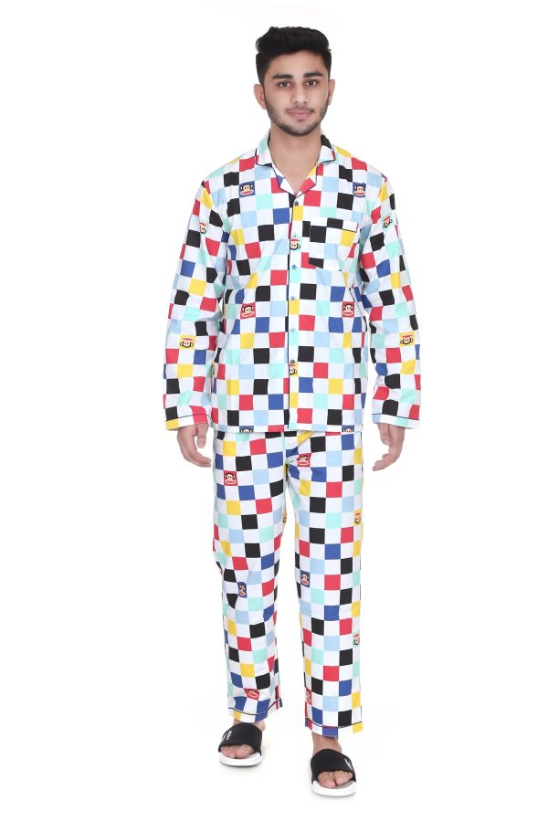 Multi Square Print Full Sleeves Night Suit for Men's