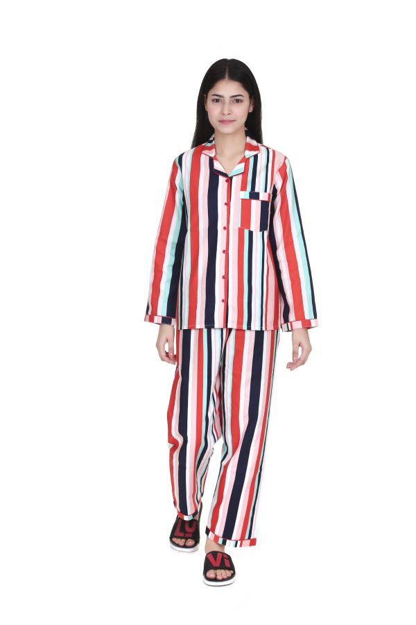 Multi Strip Print Full Sleeves Night Suit for Women's