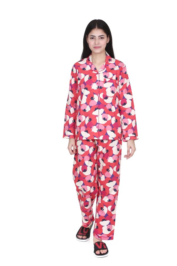 The Red Pelton Print Full Sleeves Night Suit for Women's