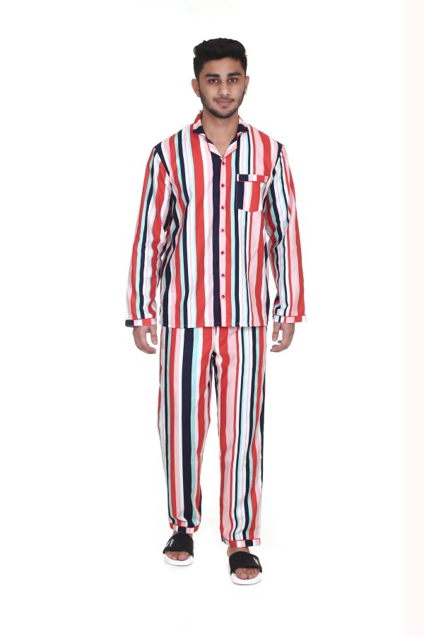 Multiple Strip Print Full Sleeves Night Suit for Men's