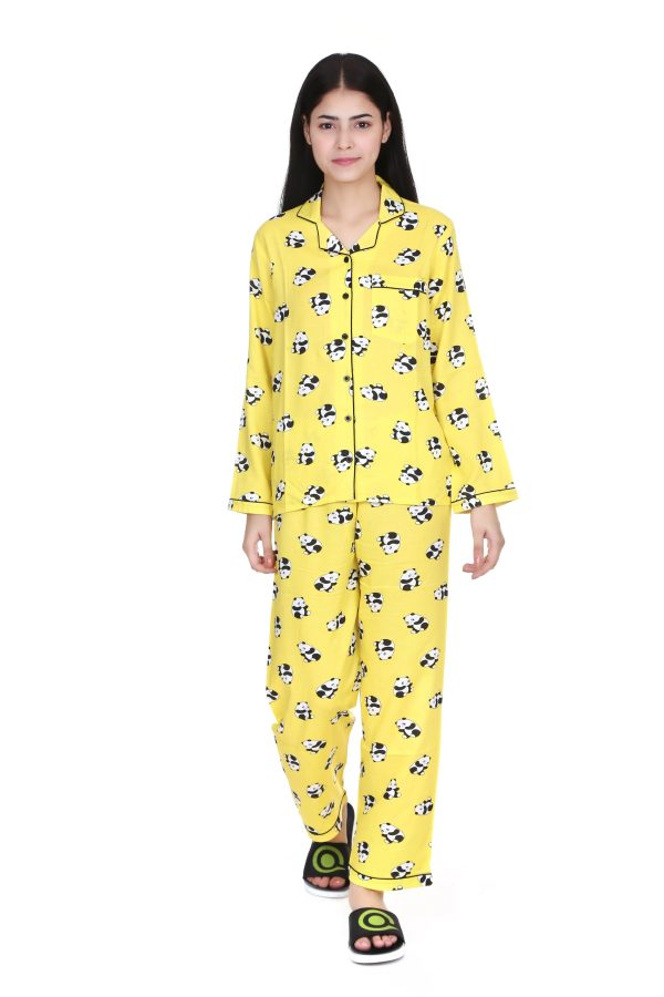 Yellow Mellow Panda Print Full Sleeves Night Suit for Women