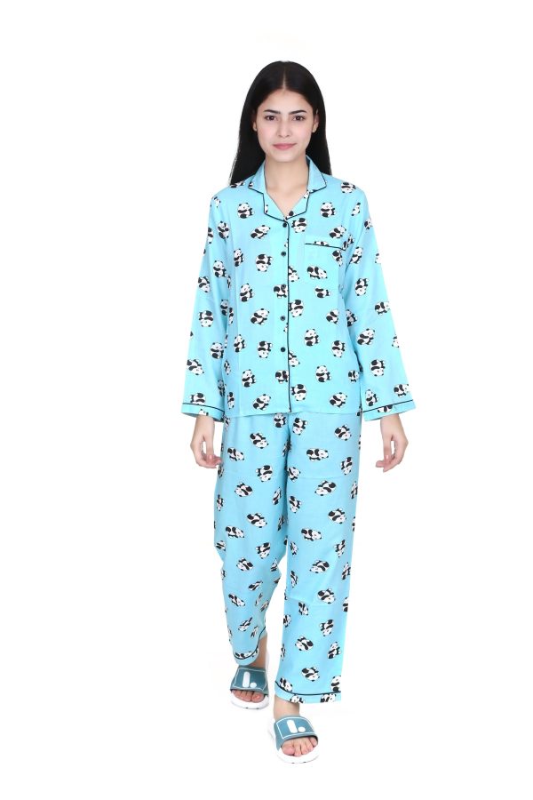 Blue Panda Print Full Sleeves Night Suit for Women