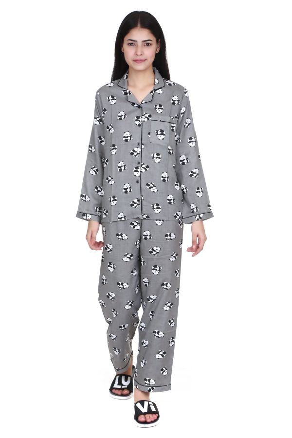 Grey Panda Print Full Sleeves Rayon Night Suit for Women