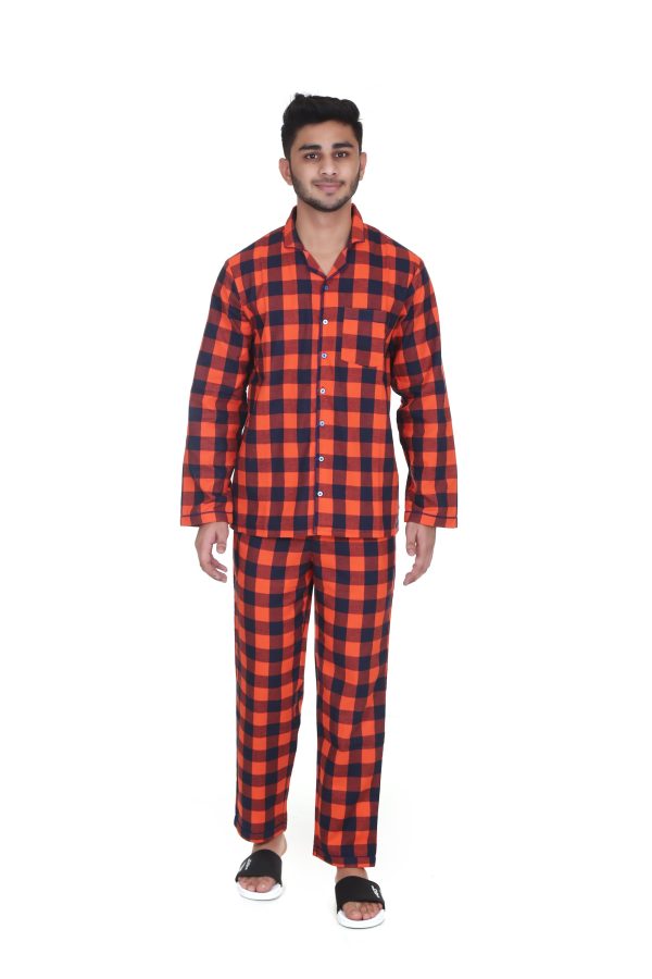 The orange Check Print Full Sleeves Night Suit for Men's
