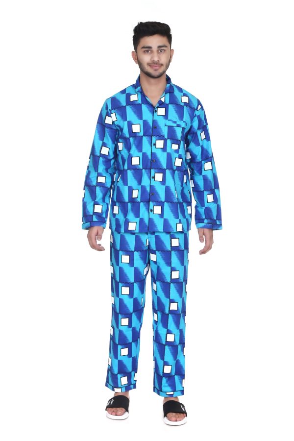 The Sea Blue Print Full Sleeves Night Suit for Men's