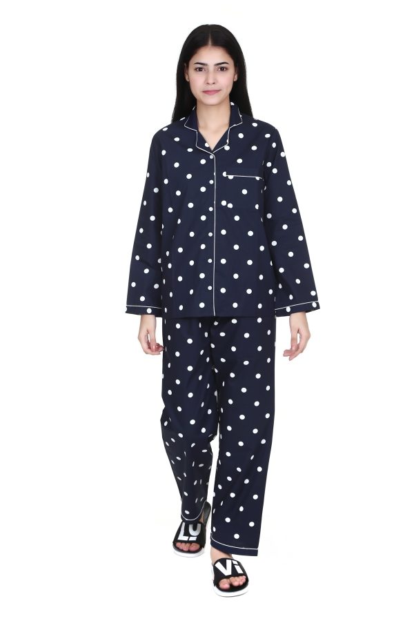 Polka Dots Print Full Sleeve Night Suit For Women