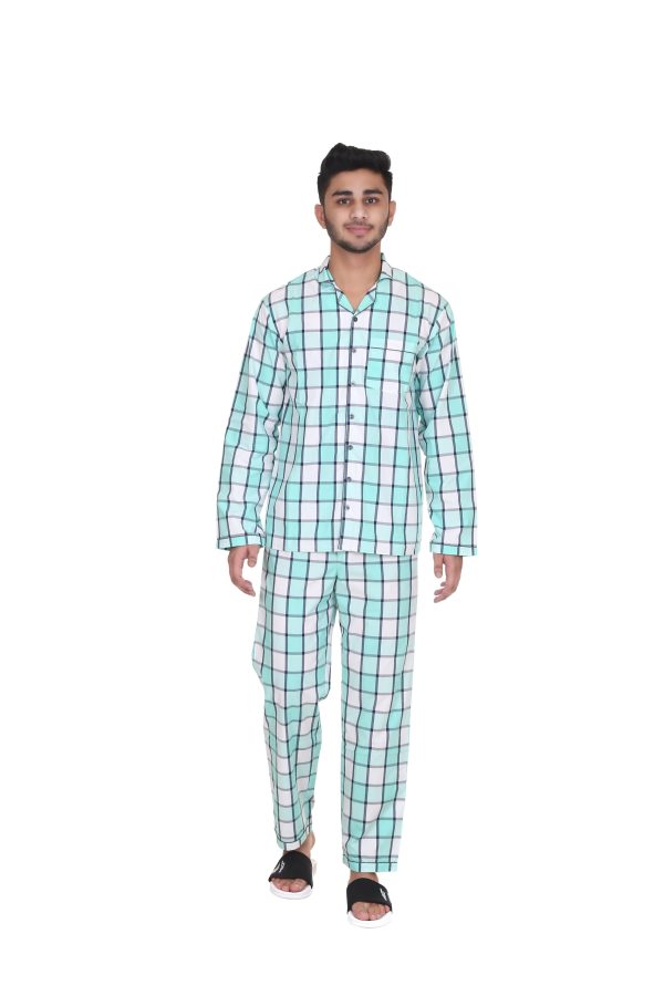 The Aqua Check Print Full Sleeves Night Suit for Men's